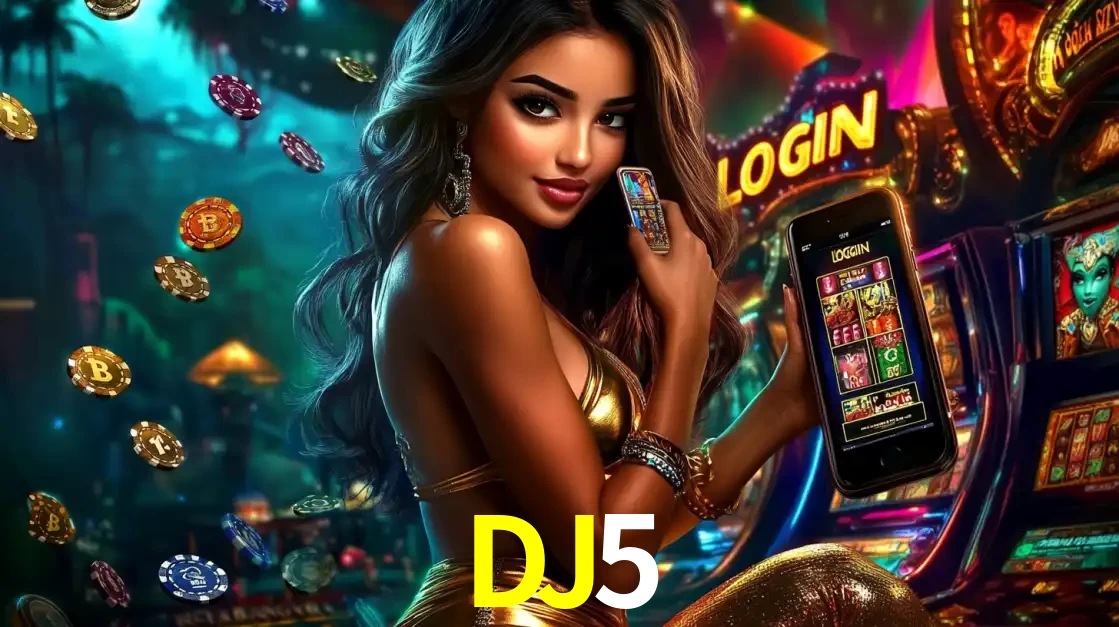 Mulher em um cenário de cassino temático de aventura, mostrando o app de caça-níqueis da DJ5 no celular. Fichas de apostas flutuam ao redor.