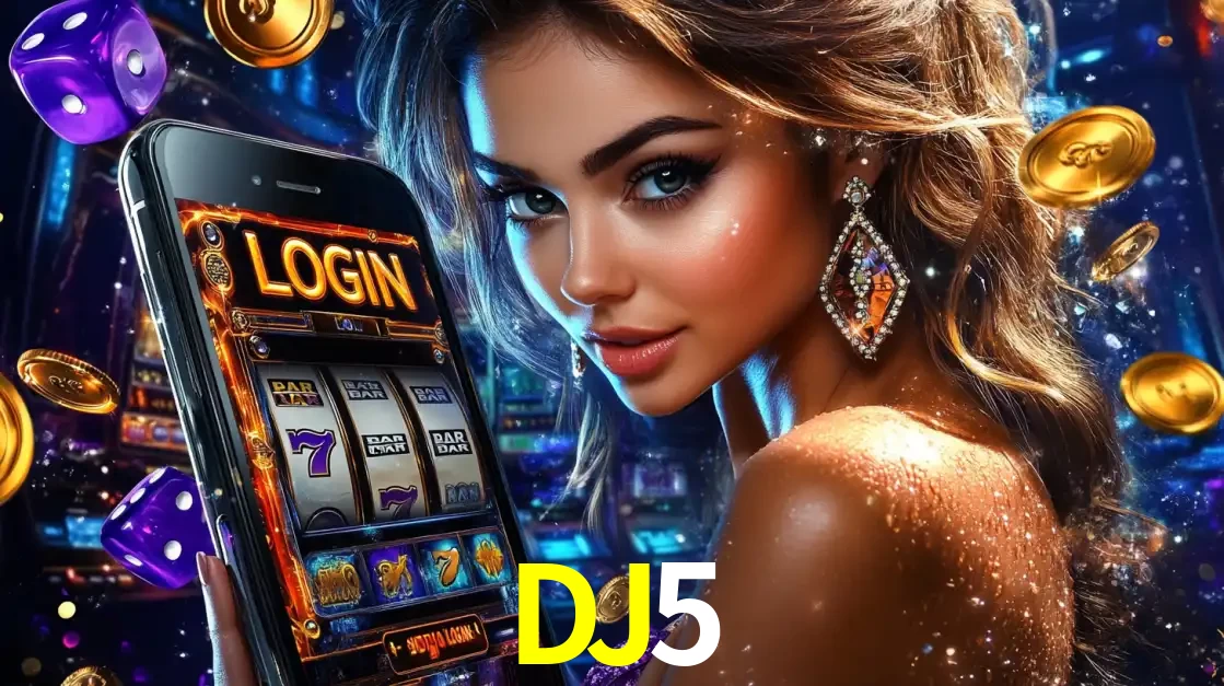 Mulher glamorosa segurando um smartphone com a tela de login para os jogos de caça-níqueis do cassino online DJ5, com moedas de ouro e dados ao redor.