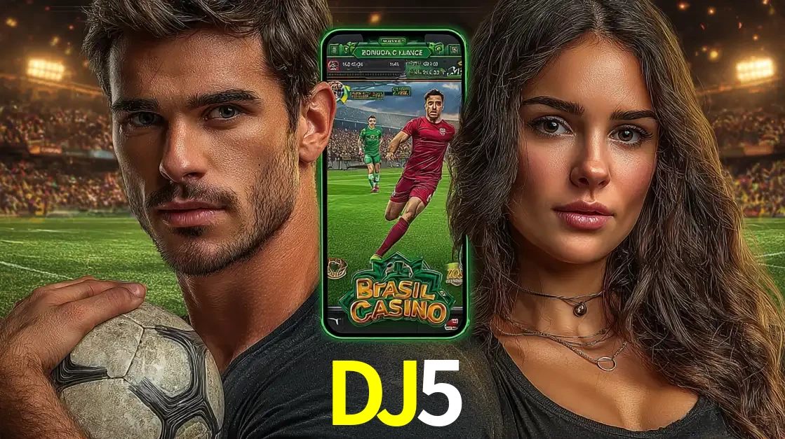 Homem segurando uma bola de futebol e uma mulher ao lado de um smartphone exibindo o jogo de apostas esportivas da DJ5. Faça seu palpite no cassino online.